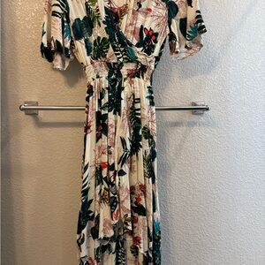 Tropical Wrap High-Low Maxi Dress - Ivory with Green & Teal Leaves